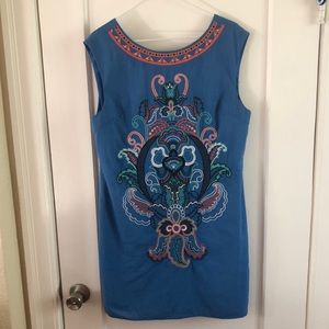 Flying tomato blue embroidered cotton linen dress